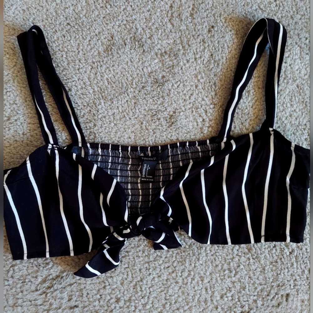 FOREVER 21 Black Striped Tie Up Top Size XL